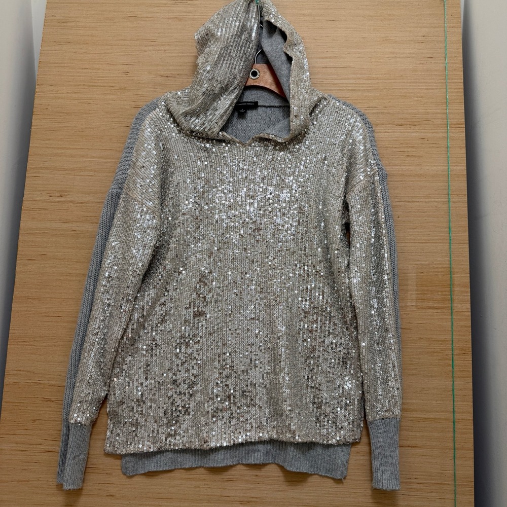 INC International Concepts Women‎ Grey Sequin Hooded Knit Sweater Small Silver